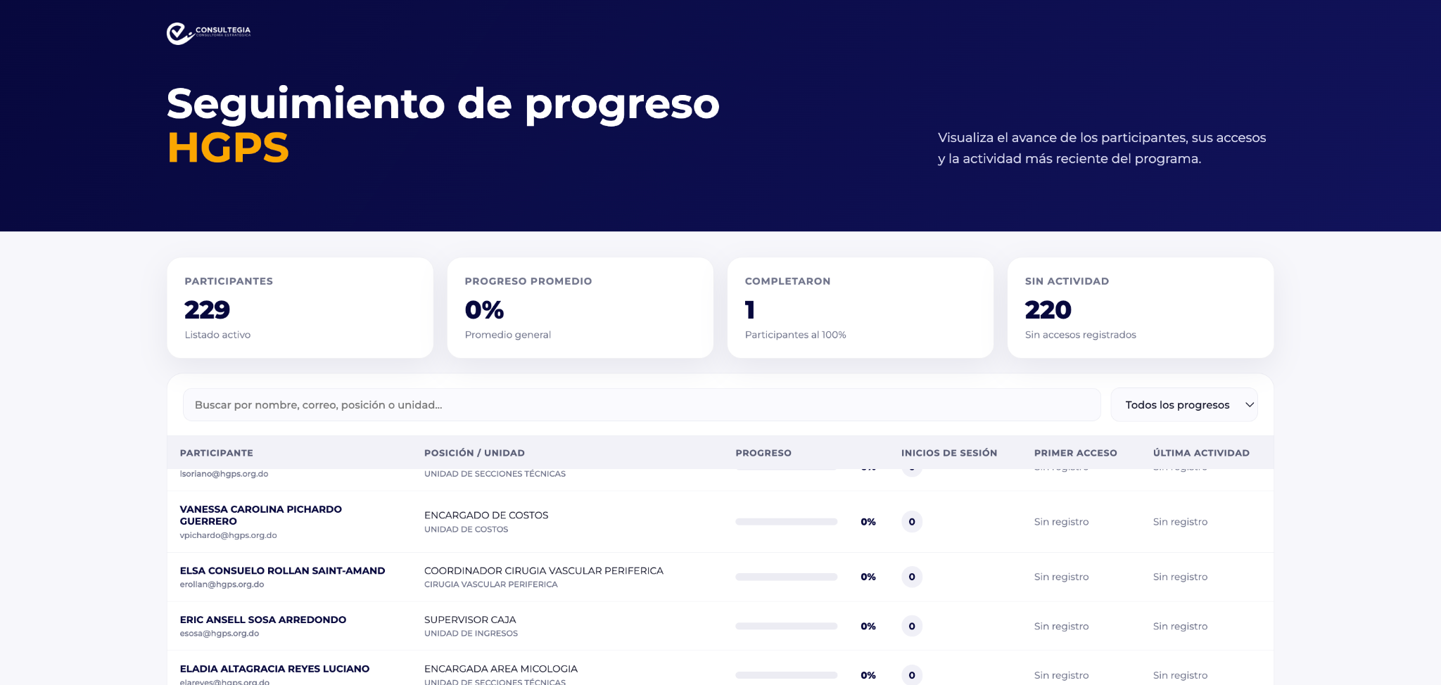 Full-page web design for Seguimiento de progreso HGPS